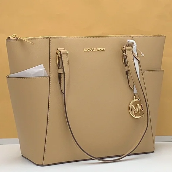 MICHAEL KORSJet Set Lg Crossgrain Leather Top-Zip Charlotte Tote ShoulderCamel